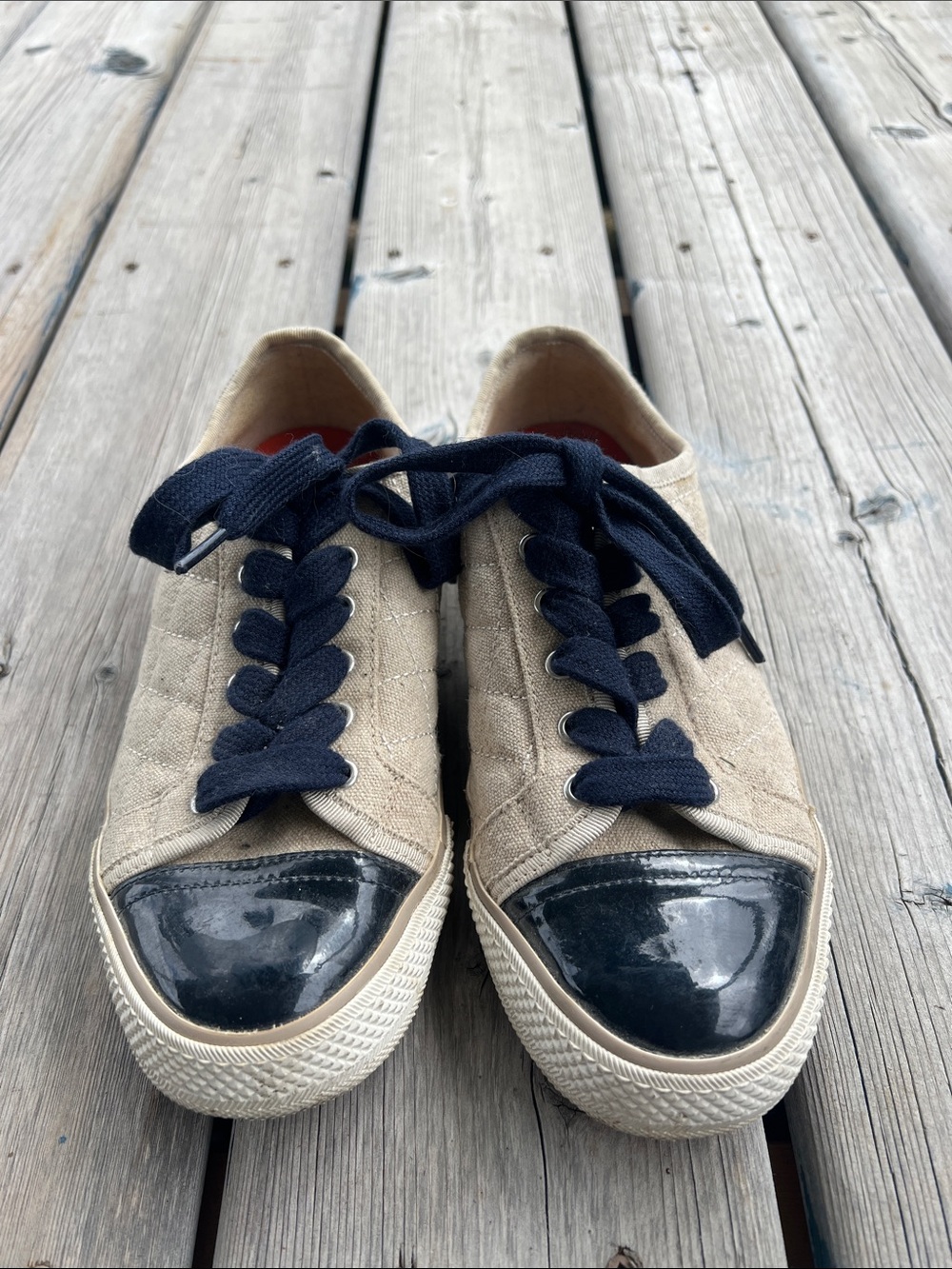 Tory Burch Beige Quilted Sneakers with Black Patent Toe and Navy Laces